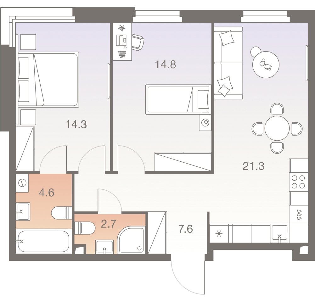 3-комнатная квартира без отделки, 65.3 м2, 27 этаж, сдача 1 квартал 2026 г., ЖК Twelve, корпус 3 - объявление 2331892 - фото №1