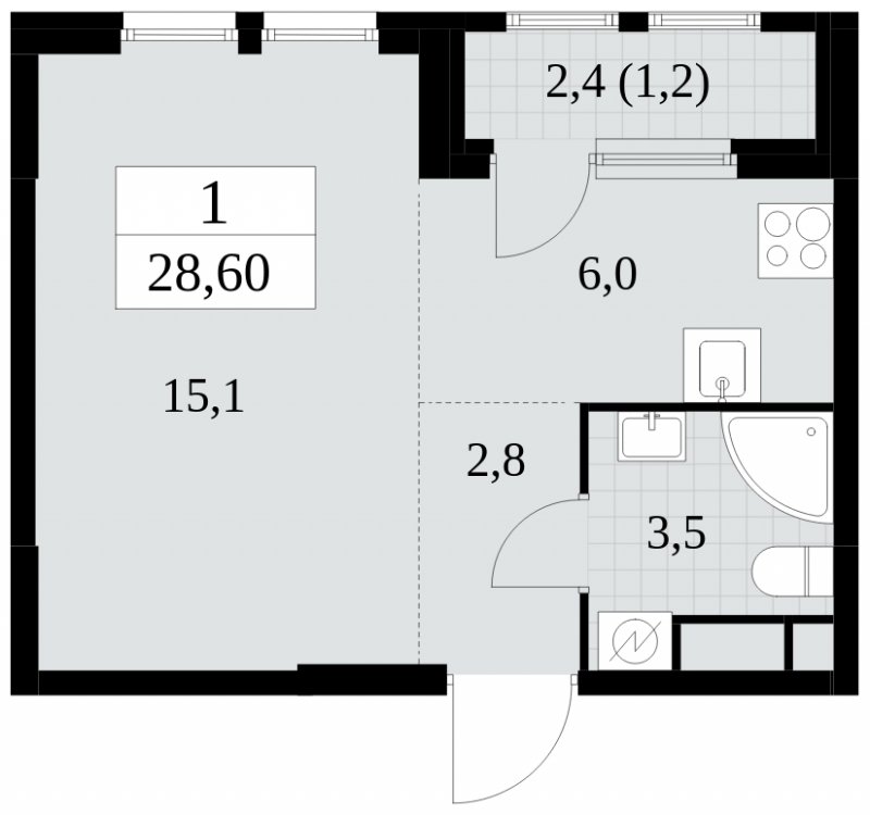 Студия с частичной отделкой, 28.6 м2, 9 этаж, сдача 2 квартал 2025 г., ЖК Южные сады, корпус 2.2 - объявление 1757519 - фото №1