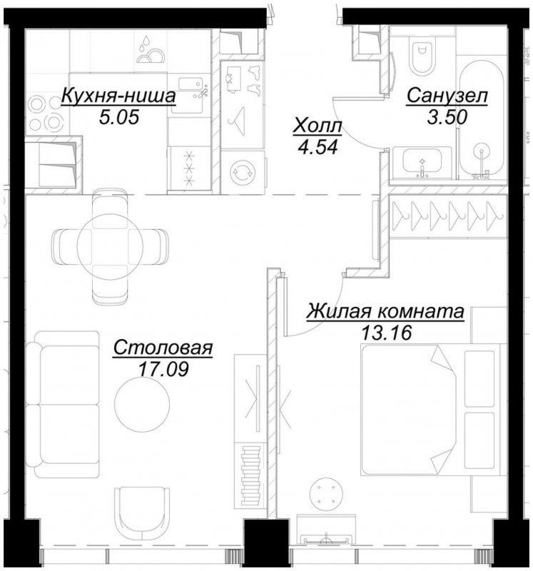 1-комнатная квартира с частичной отделкой, 43.26 м2, 25 этаж, сдача 4 квартал 2024 г., ЖК MOD, корпус Mod.M - объявление 1788220 - фото №1