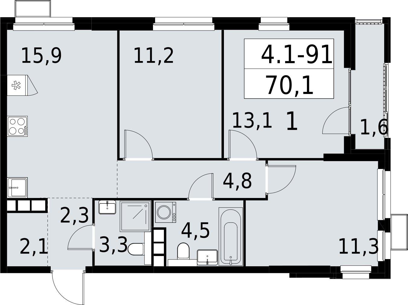 3-комнатная квартира с полной отделкой, 70.1 м2, 17 этаж, сдача 2 квартал 2027 г., ЖК Южные сады, корпус 4.1.1 - объявление 2392632 - фото №1