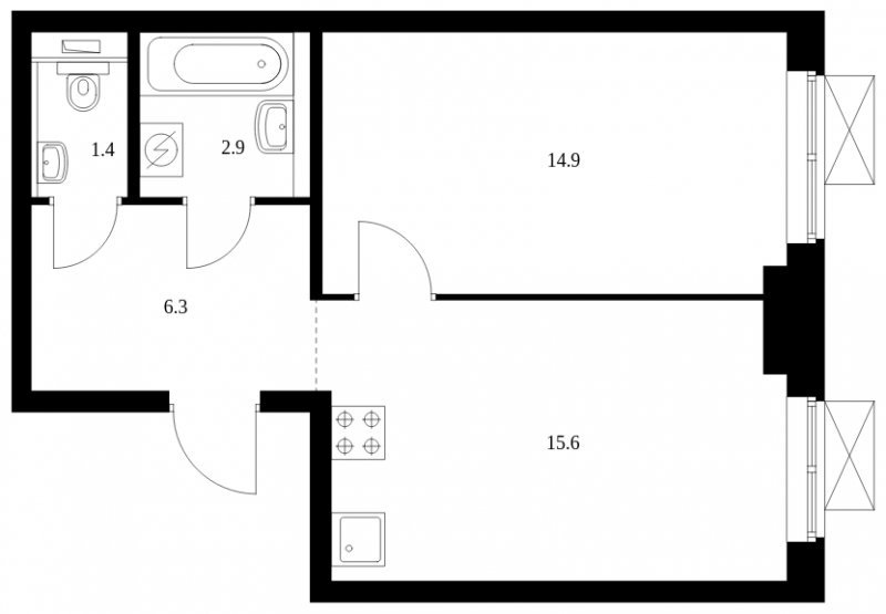 1-комнатная квартира с полной отделкой, 41.1 м2, 33 этаж, сдача 1 квартал 2023 г., ЖК Сигнальный 16, корпус 1.2 - объявление 1550516 - фото №1