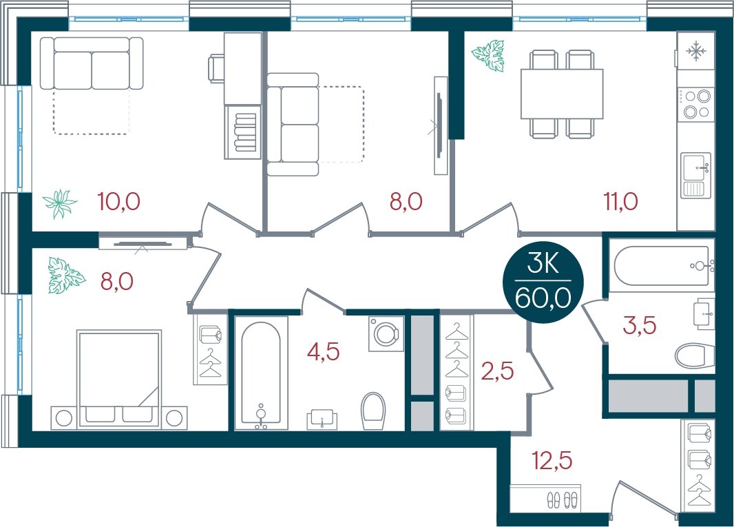 3-комнатная квартира без отделки, 60 м2, 4 этаж, дом сдан, ЖК РУСИЧ Новые Котельники, корпус 3 - объявление 2433642 - фото №1