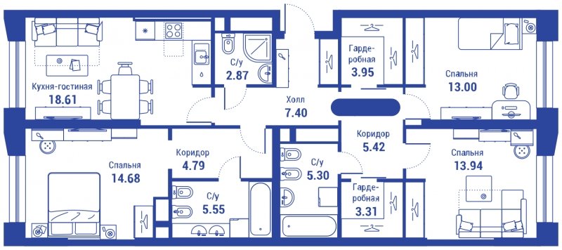4-комнатная квартира (евро) с полной отделкой, 98.82 м2, 4 этаж, сдача 3 квартал 2024 г., ЖК iLove, корпус 2 - объявление 1544079 - фото №1