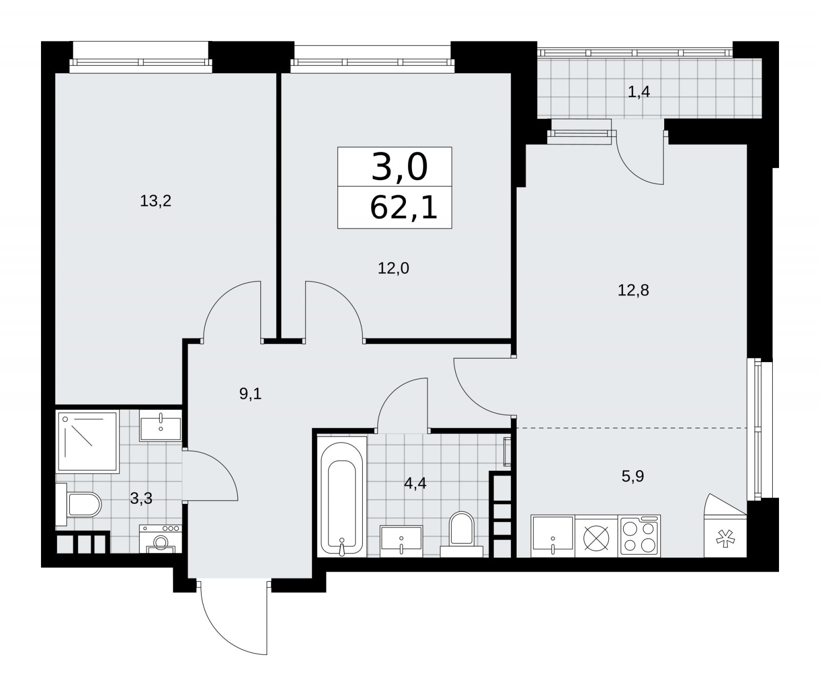 3-комнатная квартира (евро) без отделки, 62.1 м2, 4 этаж, сдача 1 квартал 2026 г., ЖК Дзен-кварталы, корпус 3.2 - объявление 2241676 - фото №1