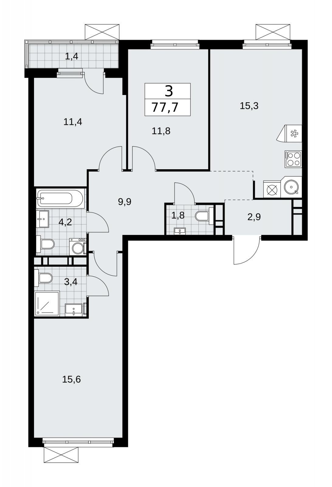 3-комнатная квартира без отделки, 77.7 м2, 10 этаж, сдача 4 квартал 2025 г., ЖК Прокшино, корпус 11.1.4 - объявление 2257616 - фото №1
