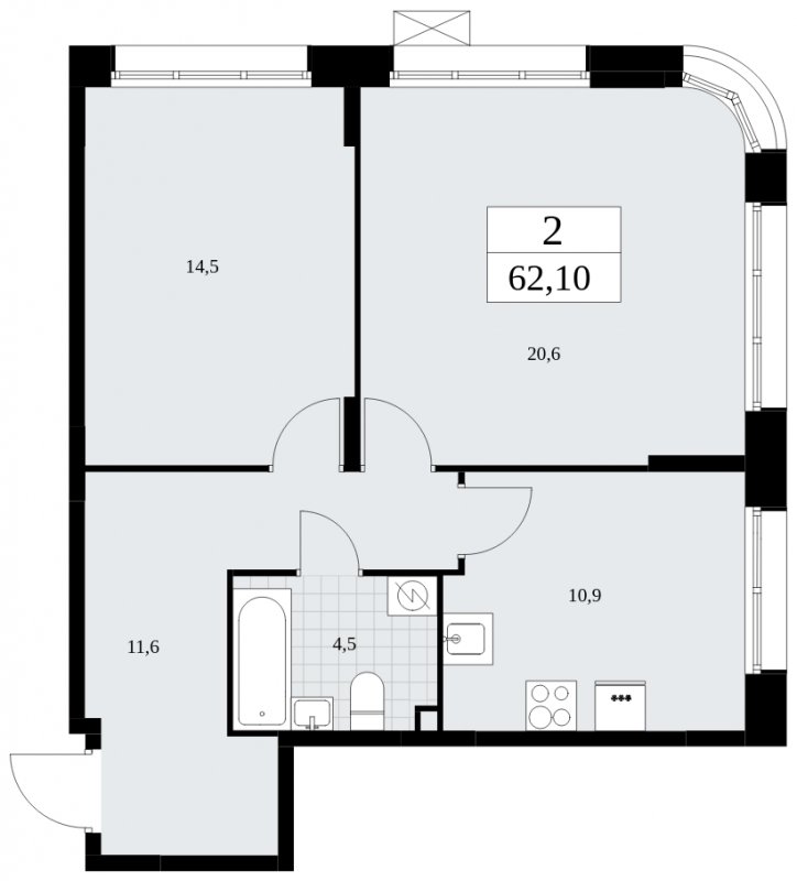 2-комнатная квартира с полной отделкой, 62.1 м2, 2 этаж, сдача 2 квартал 2025 г., ЖК Бунинские кварталы, корпус 1.1 - объявление 1834179 - фото №1