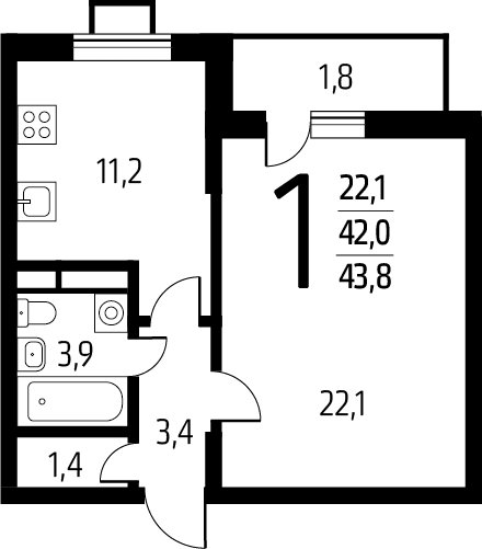 1-комнатная квартира без отделки, 43.8 м2, 14 этаж, сдача 1 квартал 2025 г., ЖК Новые Ватутинки. Заречный, корпус 5/3 - объявление 2271809 - фото №1
