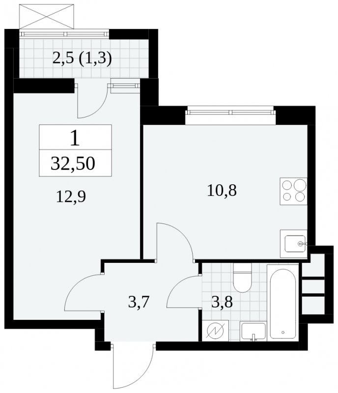 1-комнатная квартира с частичной отделкой, 32.5 м2, 3 этаж, сдача 1 квартал 2025 г., ЖК Прокшино, корпус 5.2.2 - объявление 1751126 - фото №1