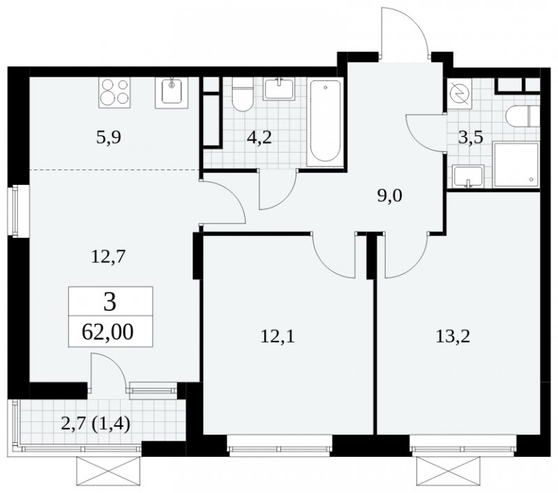 3-комнатная квартира (евро) с частичной отделкой, 62 м2, 5 этаж, сдача 2 квартал 2025 г., ЖК Прокшино, корпус 5.1.2 - объявление 1860288 - фото №1