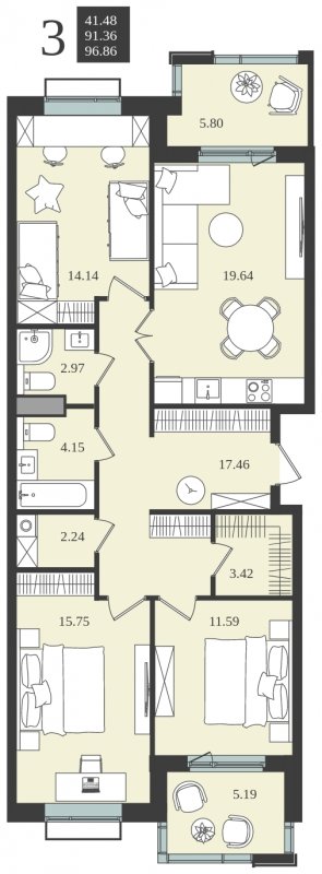 3-комнатная квартира без отделки, 96.86 м2, 5 этаж, сдача 1 квартал 2024 г., ЖК Мишино-2, корпус 7 - объявление 2020415 - фото №1