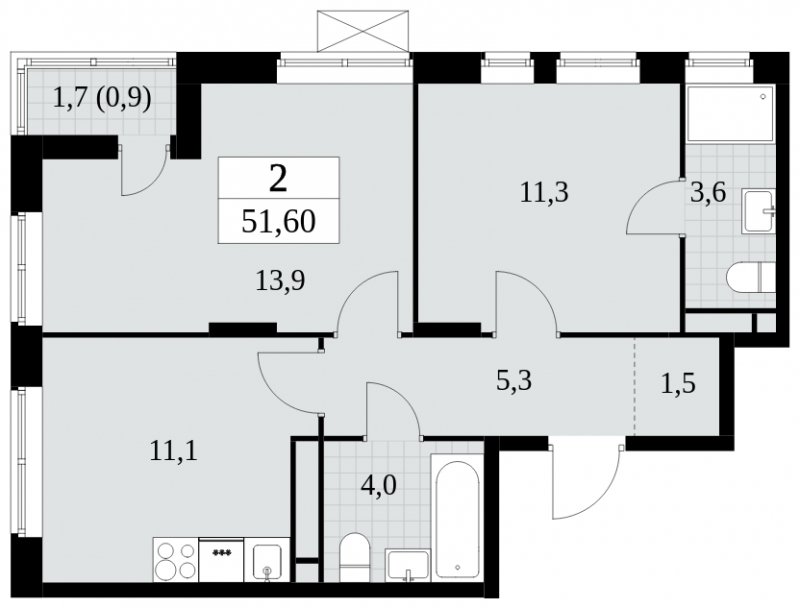 2-комнатная квартира без отделки, 51.6 м2, 12 этаж, сдача 2 квартал 2024 г., ЖК Прокшино, корпус 6.2 - объявление 1662904 - фото №1