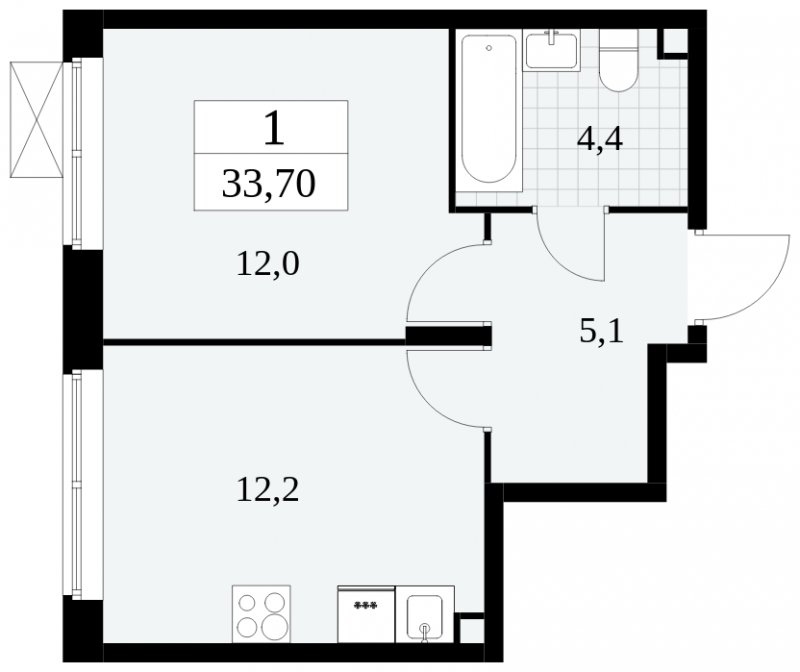 1-комнатная квартира без отделки, 33.7 м2, 2 этаж, сдача 2 квартал 2024 г., ЖК Прокшино, корпус 6.2 - объявление 1662802 - фото №1