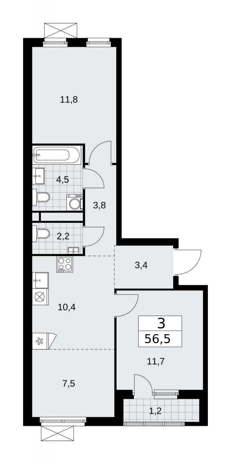 3-комнатная квартира (евро) без отделки, 56.5 м2, 7 этаж, сдача 4 квартал 2025 г., ЖК Прокшино, корпус 11.1.4 - объявление 2257658 - фото №1
