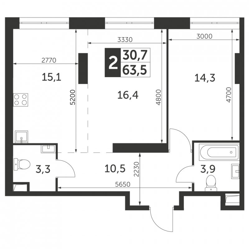2-комнатная квартира с частичной отделкой, 63.5 м2, 24 этаж, сдача 4 квартал 2023 г., ЖК Архитектор, корпус 3 - объявление 1612645 - фото №1