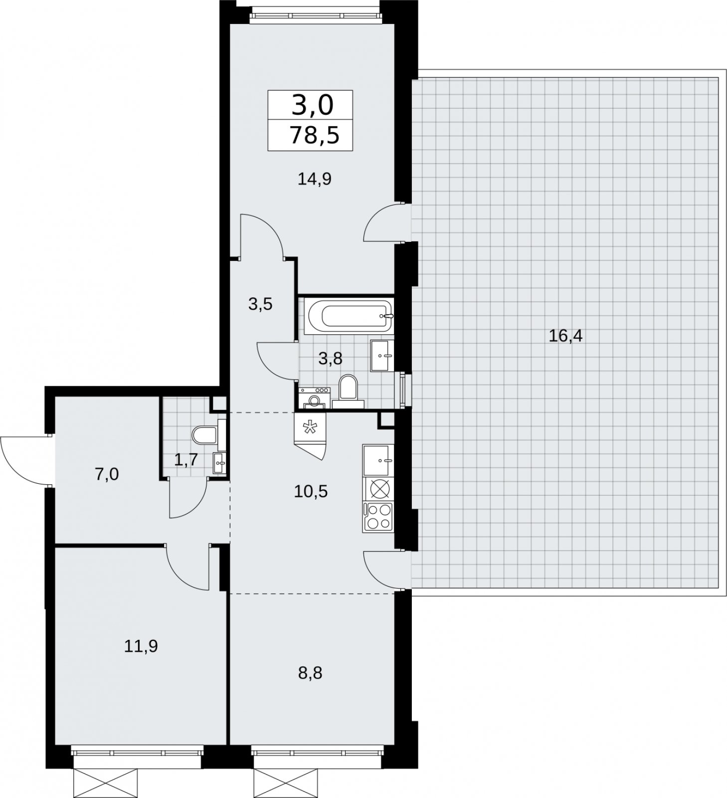 3-комнатная квартира (евро) с частичной отделкой, 78.5 м2, 2 этаж, сдача 2 квартал 2026 г., ЖК Прокшино, корпус 10.1.5 - объявление 2334147 - фото №1