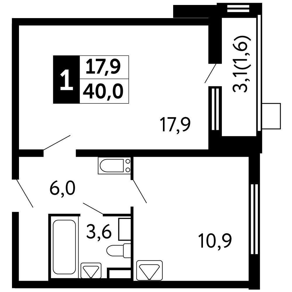 1-комнатная квартира без отделки, 40 м2, 4 этаж, дом сдан, ЖК Южная Битца, корпус 2 - объявление 2347132 - фото №1