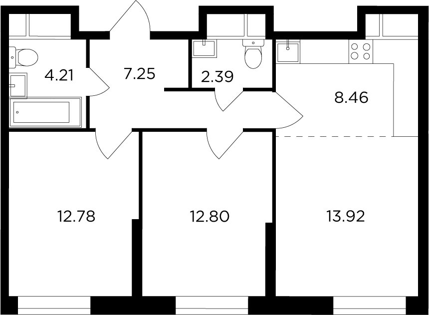 3-комнатная квартира без отделки, 61.81 м2, 9 этаж, дом сдан, ЖК КутузовGRAD 2, корпус 6 - объявление 2007661 - фото №1