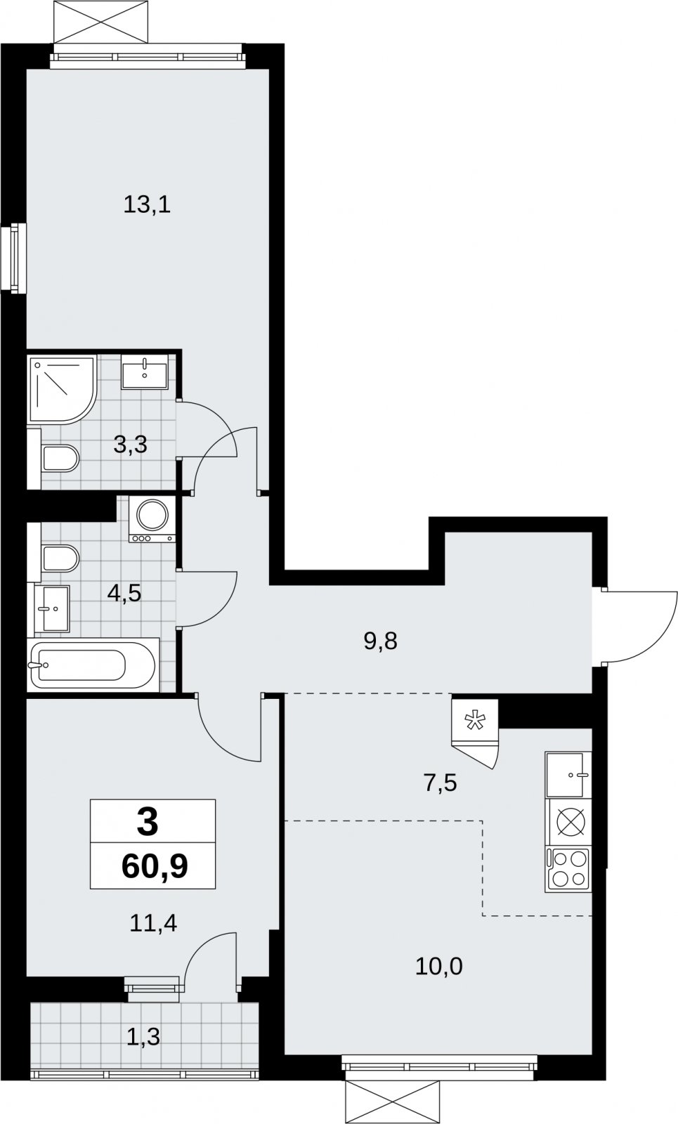 3-комнатная квартира (евро) без отделки, 60.9 м2, 12 этаж, сдача 2 квартал 2026 г., ЖК Бунинские кварталы, корпус 9.1 - объявление 2323602 - фото №1