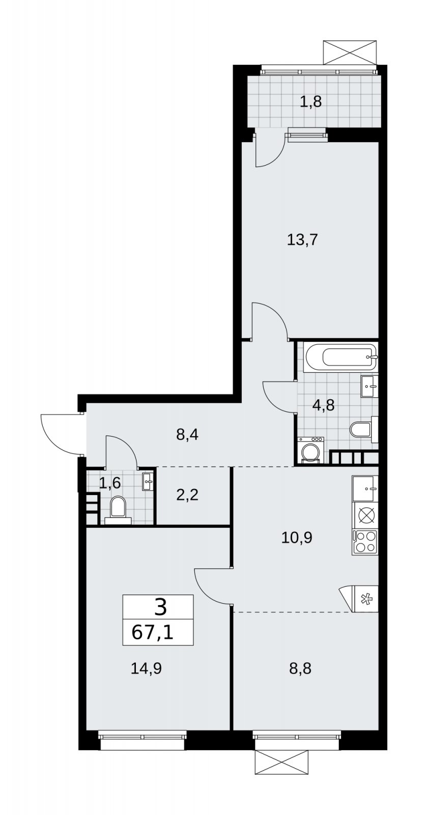 3-комнатная квартира (евро) без отделки, 67.1 м2, 5 этаж, сдача 1 квартал 2026 г., ЖК Дзен-кварталы, корпус 4.3 - объявление 2251710 - фото №1