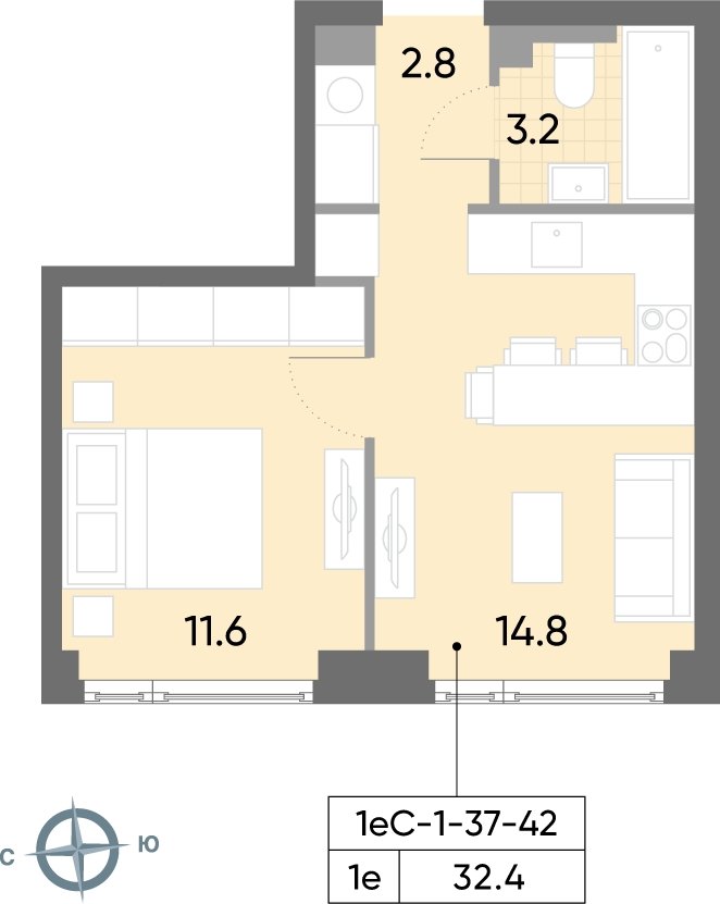 1-комнатная квартира 32.4 м2, 38 этаж, сдача 2 квартал 2026 г., ЖК WAVE, корпус 1 - объявление 2268888 - фото №1