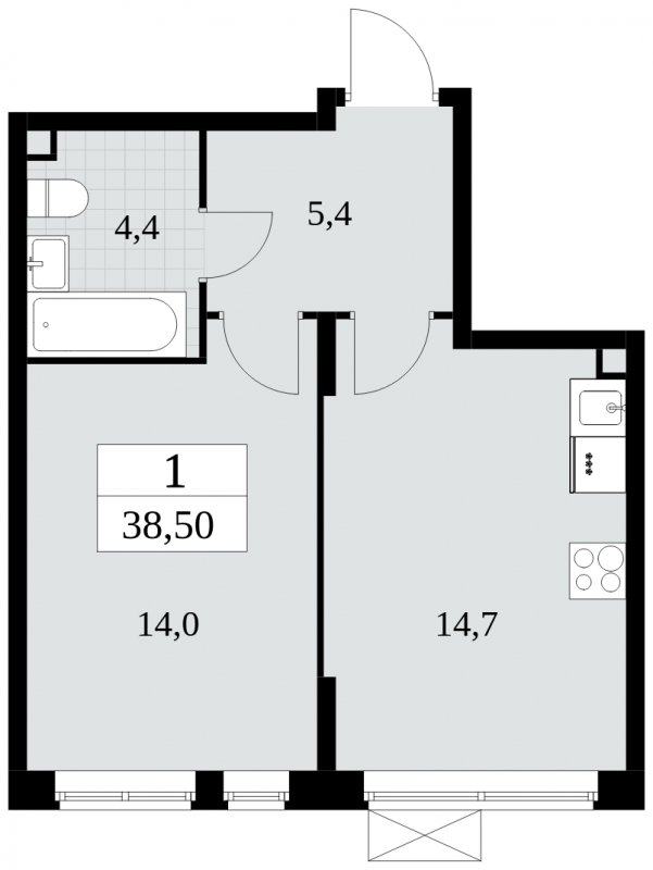 1-комнатная квартира без отделки, 38.5 м2, 2 этаж, сдача 3 квартал 2024 г., ЖК Прокшино, корпус 8.5 - объявление 1684407 - фото №1