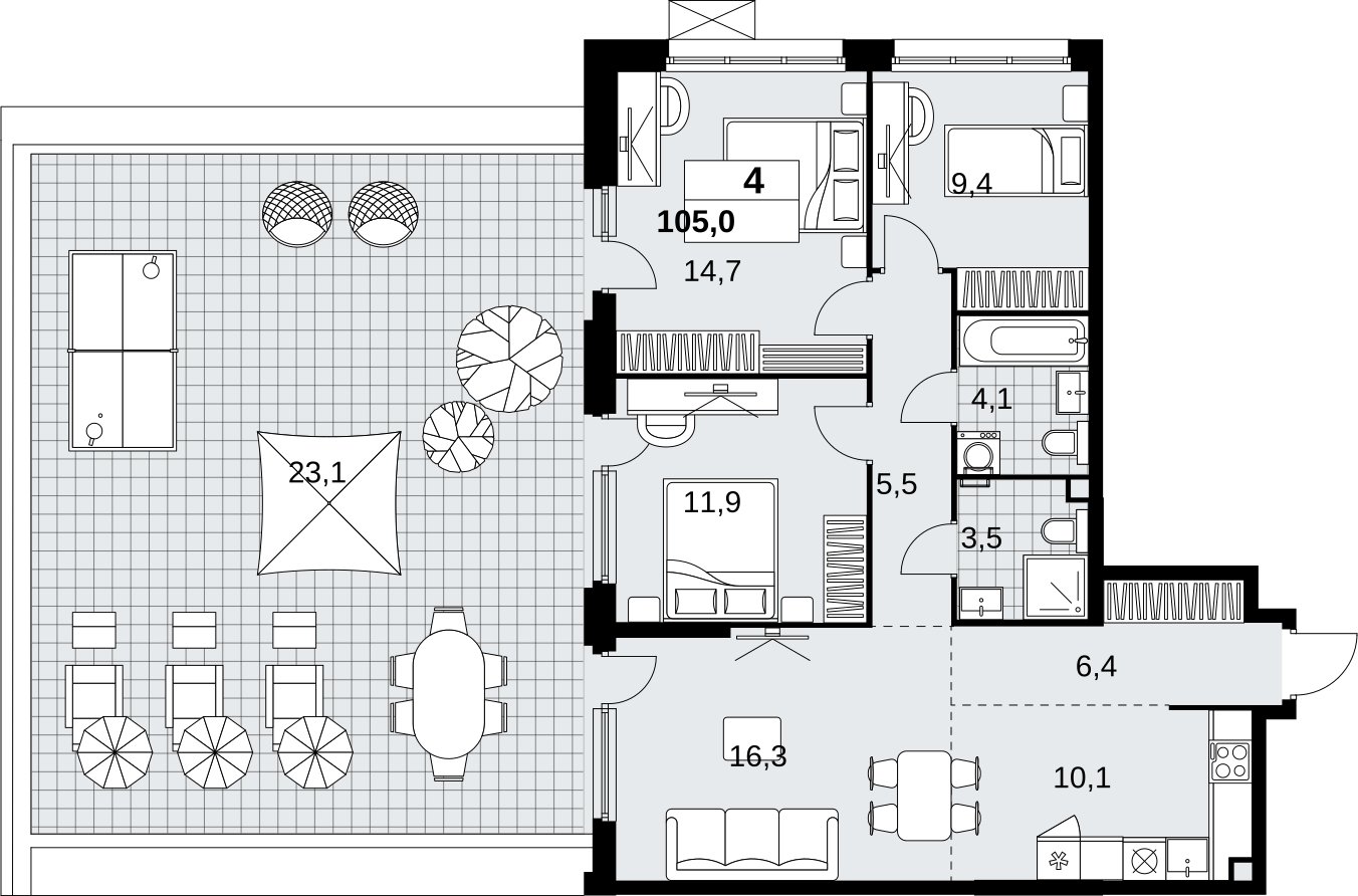 4-комнатная квартира (евро) с полной отделкой, 105 м2, 2 этаж, сдача 1 квартал 2027 г., ЖК Скандинавия, корпус 2.18.2.3 - объявление 2351322 - фото №1