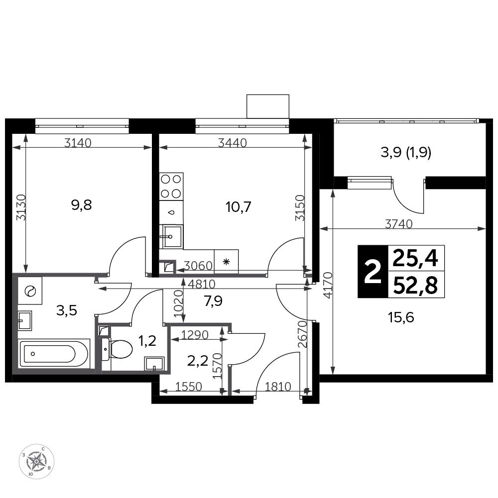 2-комнатная квартира с частичной отделкой, 52.8 м2, 18 этаж, сдача 3 квартал 2023 г., ЖК Южная Битца, корпус 11 - объявление 2208217 - фото №1