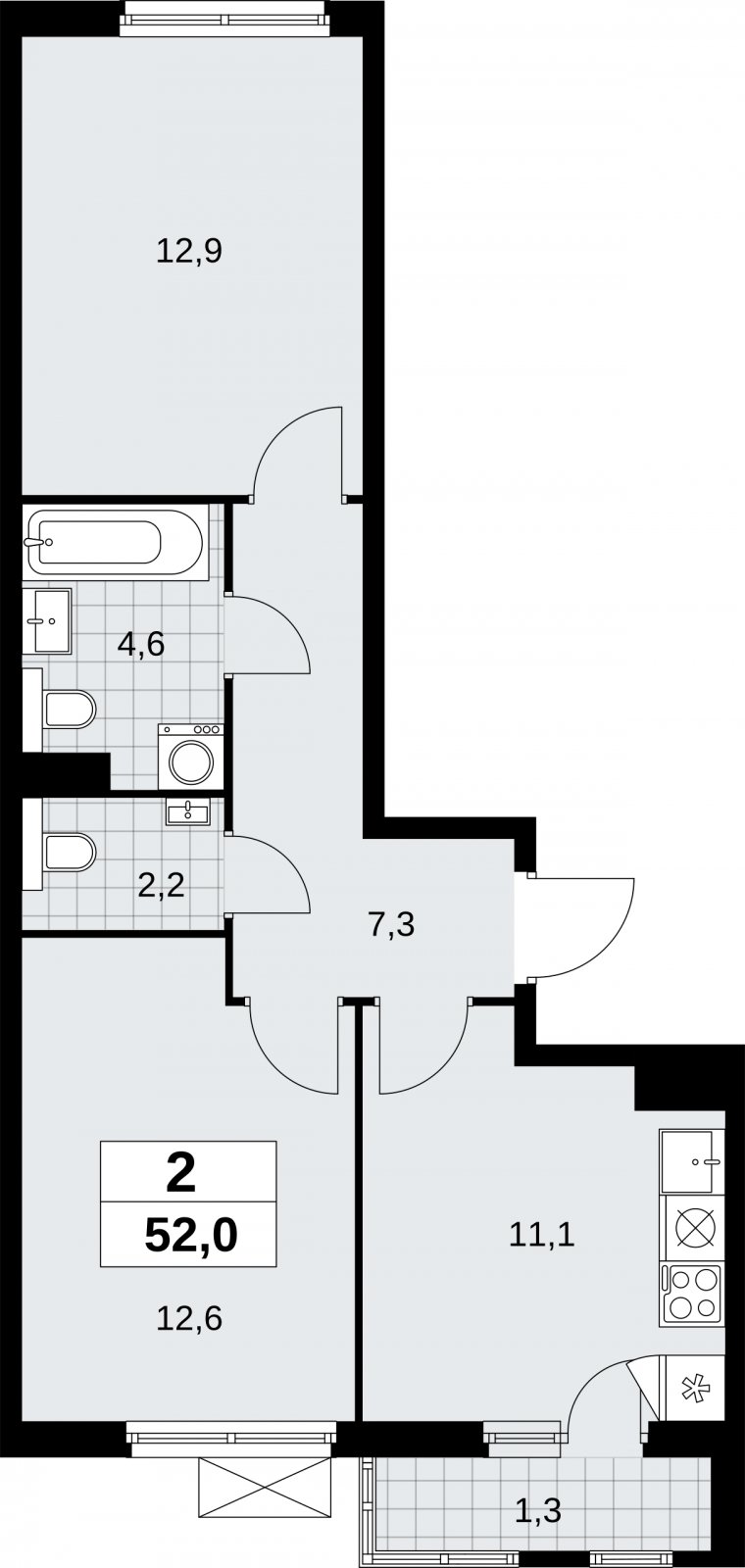 2-комнатная квартира без отделки, 52 м2, 5 этаж, сдача 2 квартал 2026 г., ЖК Бунинские кварталы, корпус 9.1 - объявление 2323659 - фото №1
