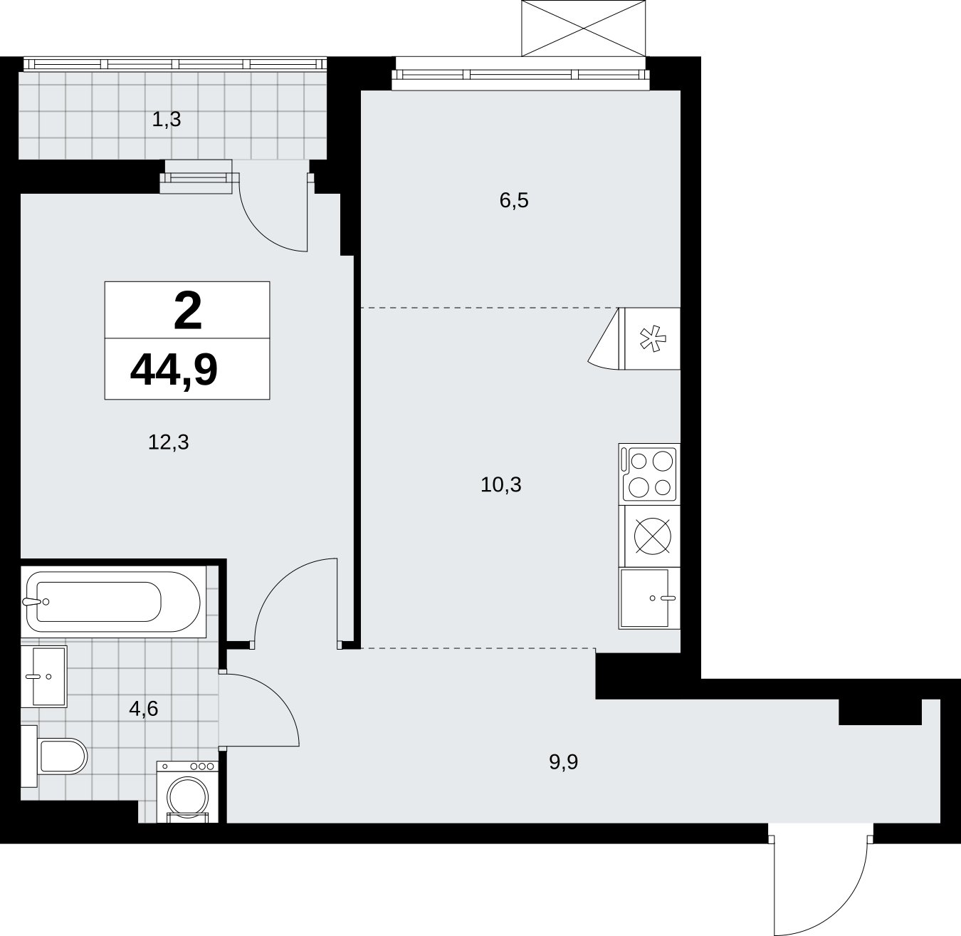 2-комнатная квартира (евро) без отделки, 44.9 м2, 3 этаж, сдача 2 квартал 2026 г., ЖК Дзен-кварталы, корпус 6.1.1 - объявление 2327134 - фото №1