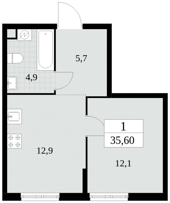 1-комнатная квартира без отделки, 35.6 м2, 2 этаж, сдача 2 квартал 2025 г., ЖК Южные сады, корпус 2.4 - объявление 2073639 - фото №1