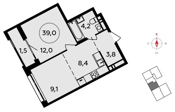 2-комнатная квартира (евро) без отделки, 39 м2, 13 этаж, сдача 3 квартал 2023 г., ЖК Прокшино, корпус 4.4 - объявление 1498362 - фото №1