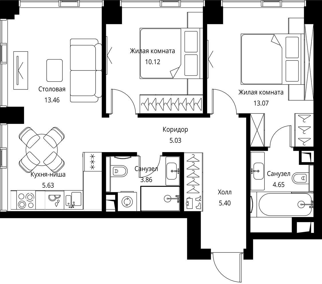 2-комнатная квартира с частичной отделкой, 61.22 м2, 7 этаж, сдача 3 квартал 2026 г., ЖК City Bay, корпус North Ocean 1 - объявление 2332359 - фото №1