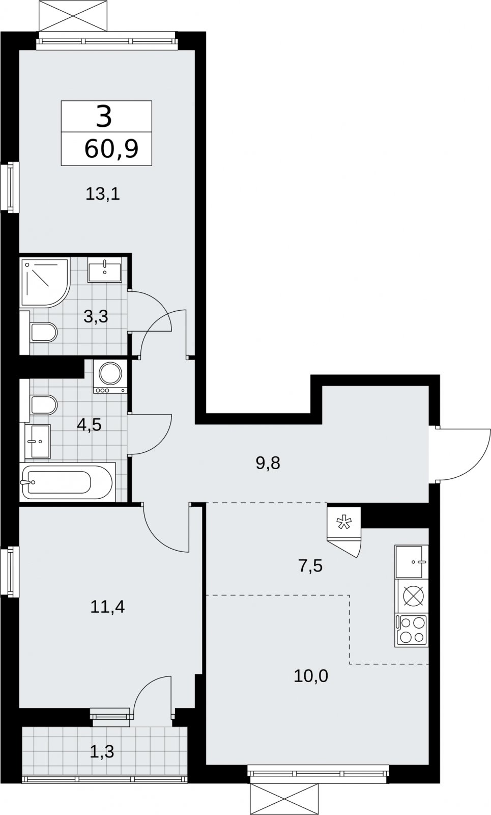 3-комнатная квартира (евро) с полной отделкой, 60.9 м2, 11 этаж, сдача 2 квартал 2026 г., ЖК Бунинские кварталы, корпус 7.1 - объявление 2319288 - фото №1