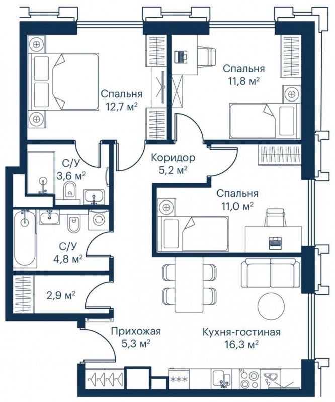 3-комнатная квартира с частичной отделкой, 73.7 м2, 4 этаж, сдача 2 квартал 2023 г., ЖК City Bay, корпус Indian Ocean 8 - объявление 1671542 - фото №1