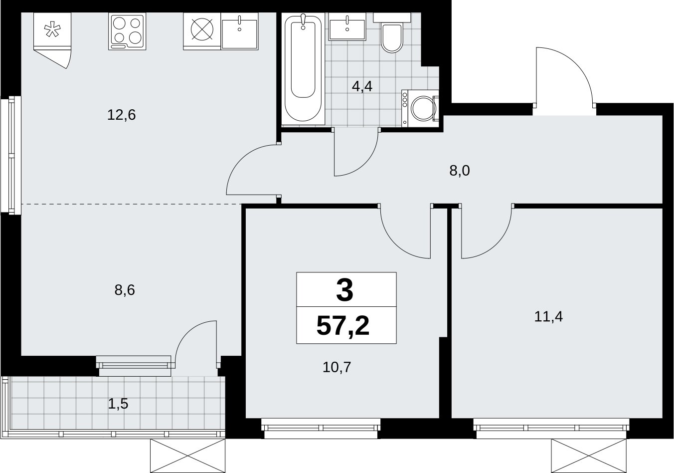 3-комнатная квартира (евро) без отделки, 57.2 м2, 3 этаж, сдача 1 квартал 2026 г., ЖК Дзен-кварталы, корпус 6.2.1 - объявление 2328310 - фото №1