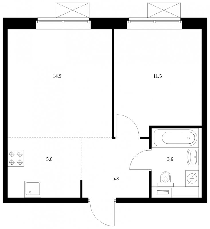 2-комнатная квартира (евро) с полной отделкой, 40.9 м2, 4 этаж, сдача 2 квартал 2024 г., ЖК Бунинские луга, корпус 3.7.1 - объявление 1871390 - фото №1