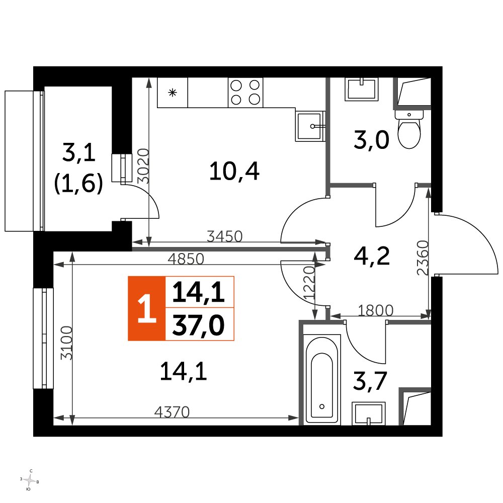 1-комнатная квартира с частичной отделкой, 37.4 м2, 1 этаж, дом сдан, ЖК UP-квартал Римский, корпус 7 - объявление 2353920 - фото №1