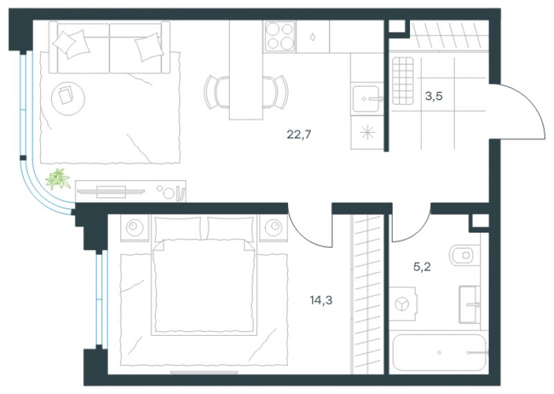 2-комнатные апартаменты без отделки, 45.7 м2, 8 этаж, сдача 2 квартал 2022 г., ЖК Level Стрешнево, корпус Север - объявление 1670989 - фото №1