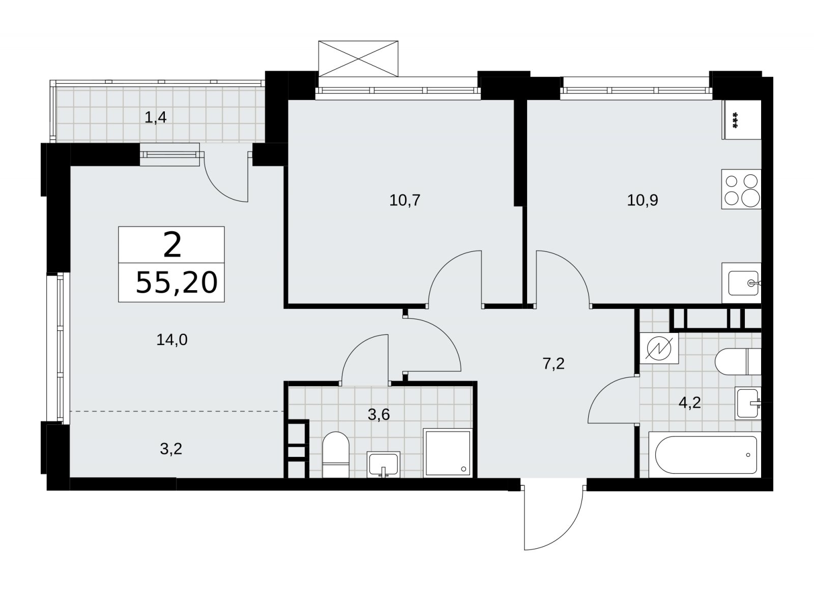 2-комнатная квартира без отделки, 55.2 м2, 8 этаж, сдача 3 квартал 2025 г., ЖК Скандинавия, корпус 28.1 - объявление 2202030 - фото №1