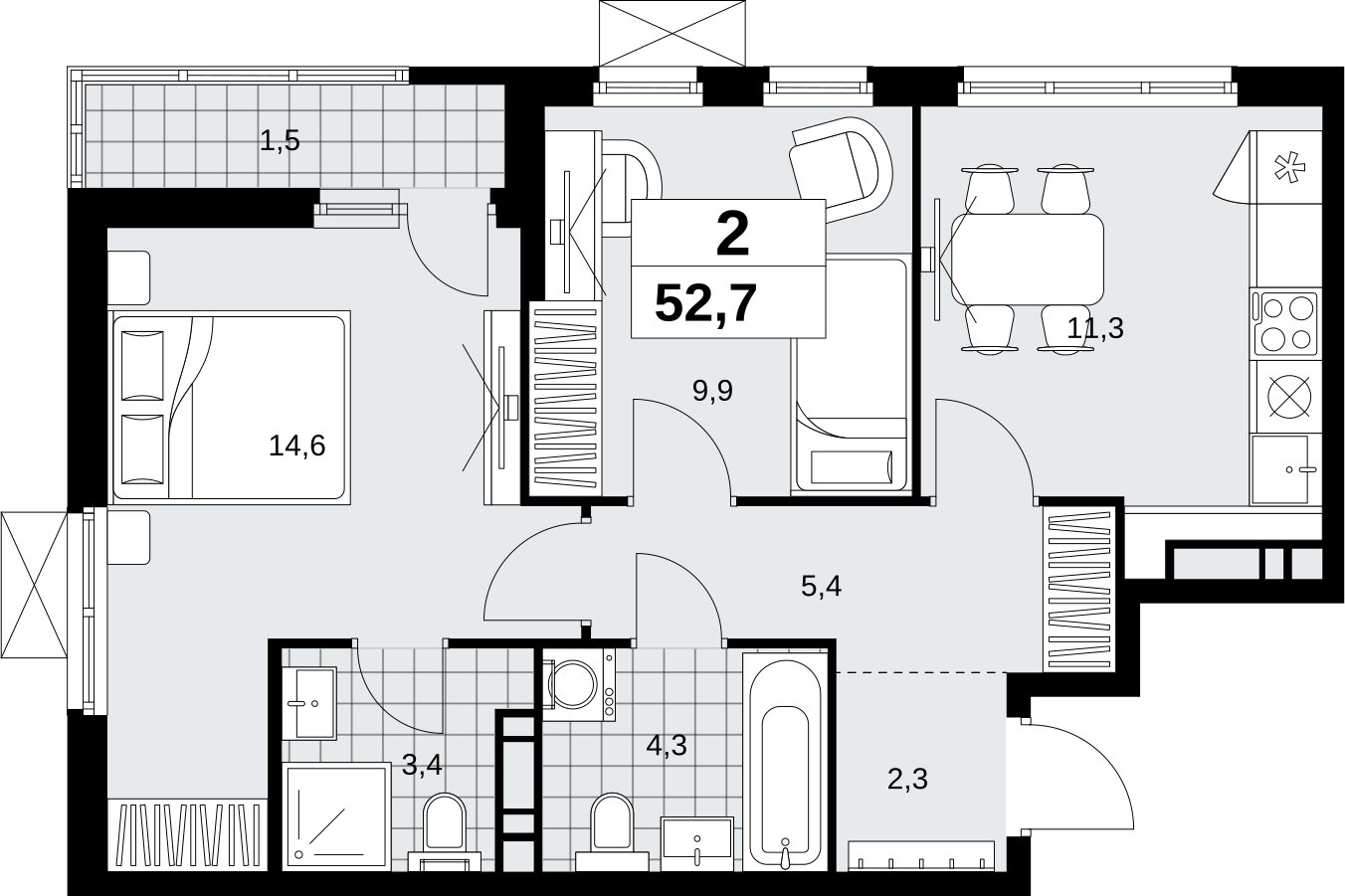 2-комнатная квартира с полной отделкой, 52.7 м2, 9 этаж, сдача 1 квартал 2027 г., ЖК Скандинавия, корпус 2.18.2.2 - объявление 2351218 - фото №1