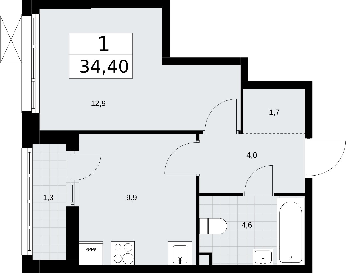 1-комнатная квартира без отделки, 34.4 м2, 2 этаж, сдача 3 квартал 2026 г., ЖК Родные кварталы, корпус 2 - объявление 2295467 - фото №1