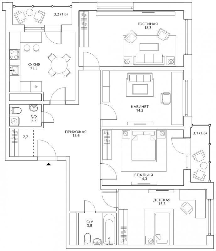 4-комнатная квартира с полной отделкой, 105.5 м2, 25 этаж, сдача 4 квартал 2022 г., ЖК Авиатика, корпус 4 - объявление 1805996 - фото №1