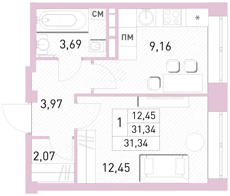 1-комнатная квартира с полной отделкой, 31.34 м2, 4 этаж, сдача 2 квартал 2023 г., ЖК Столичный, корпус 24 - объявление 1651049 - фото №1