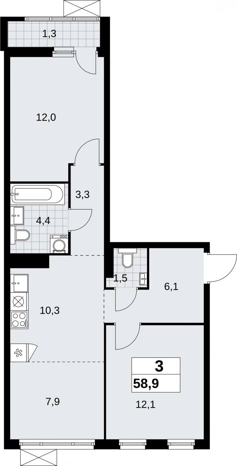 3-комнатная квартира (евро) без отделки, 58.9 м2, 11 этаж, сдача 2 квартал 2026 г., ЖК Дзен-кварталы, корпус 6.1.1 - объявление 2327122 - фото №1