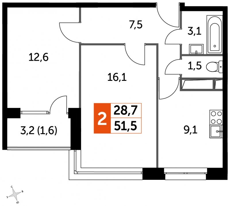 2-комнатная квартира без отделки, 51.5 м2, 4 этаж, сдача 4 квартал 2023 г., ЖК Датский квартал, корпус 2 - объявление 1568449 - фото №1