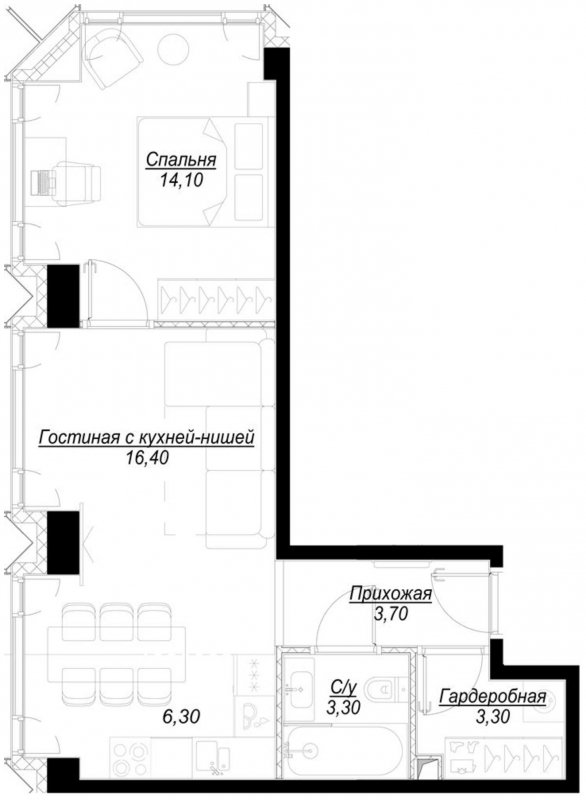1-комнатная квартира с частичной отделкой, 47.1 м2, 40 этаж, сдача 1 квартал 2023 г., ЖК Hide, корпус ParkLane - объявление 1756850 - фото №1