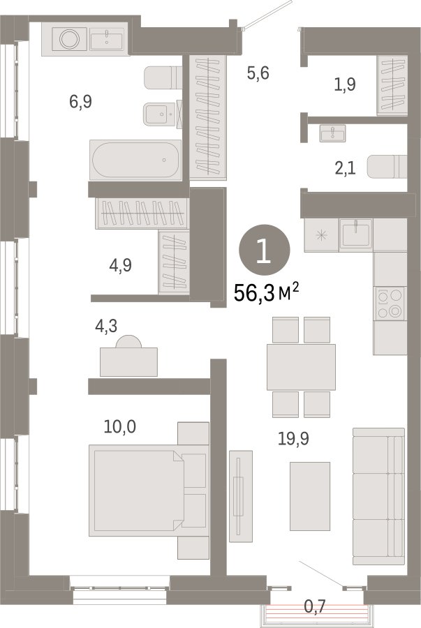 1-комнатная квартира с частичной отделкой, 56.3 м2, 28 этаж, сдача 3 квартал 2026 г., ЖК Квартал Метроном, корпус 1 - объявление 2358248 - фото №1