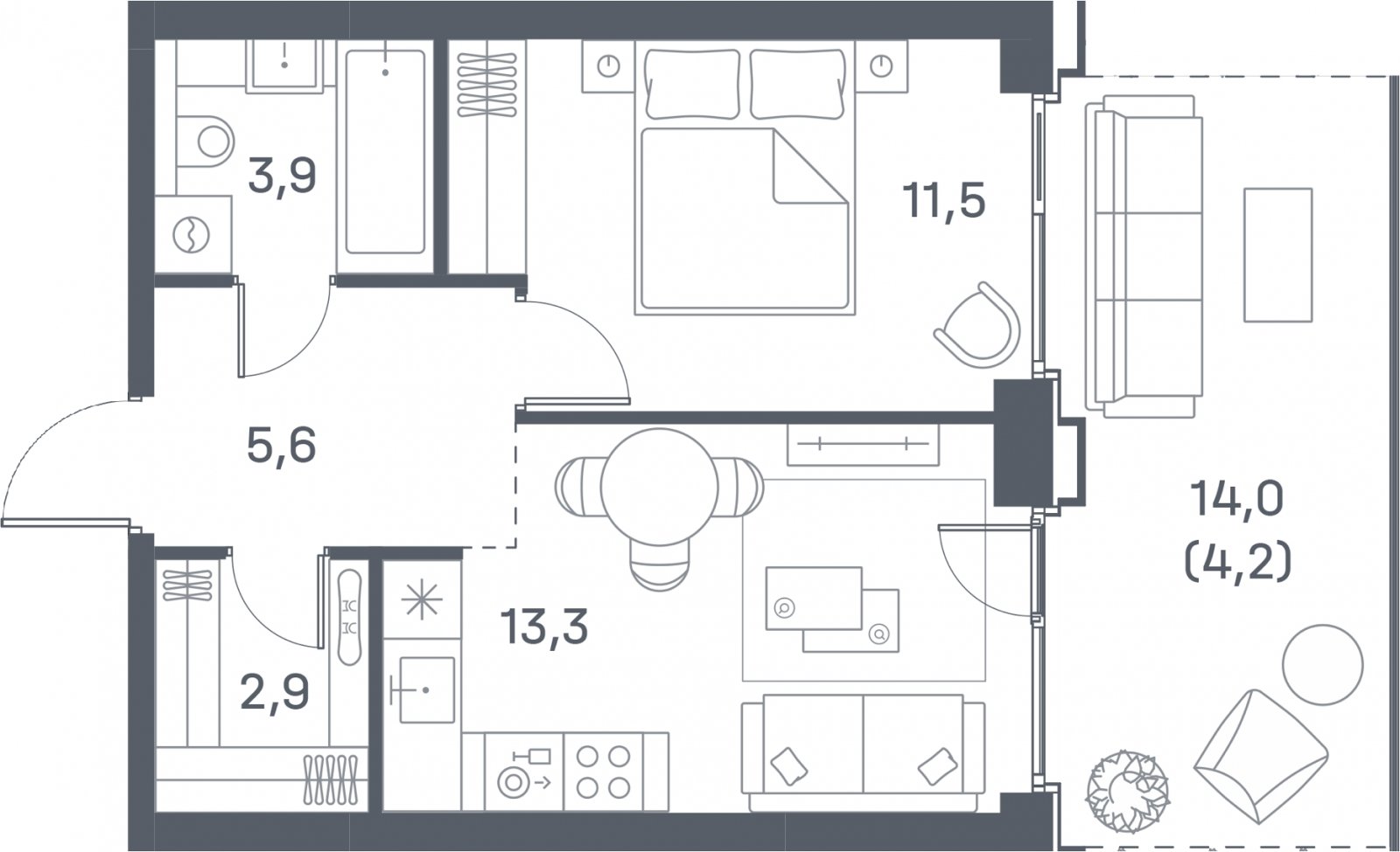 1-комнатная квартира 41.4 м2, 2 этаж, сдача 4 квартал 2025 г., ЖК Portland, корпус 1 - объявление 2303562 - фото №1