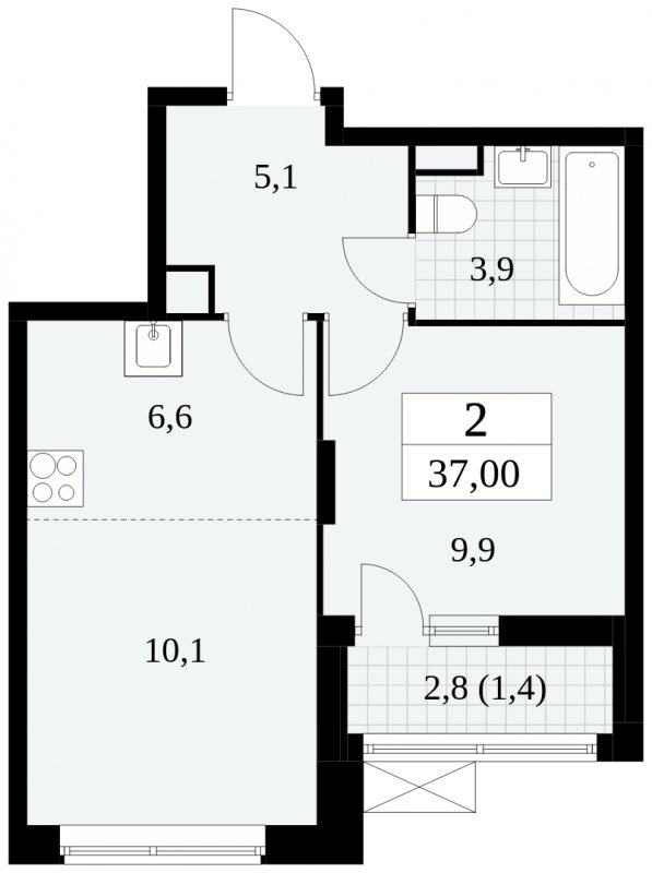 2-комнатная квартира (евро) без отделки, 37 м2, 3 этаж, сдача 2 квартал 2024 г., ЖК Прокшино, корпус 6.3 - объявление 1662916 - фото №1