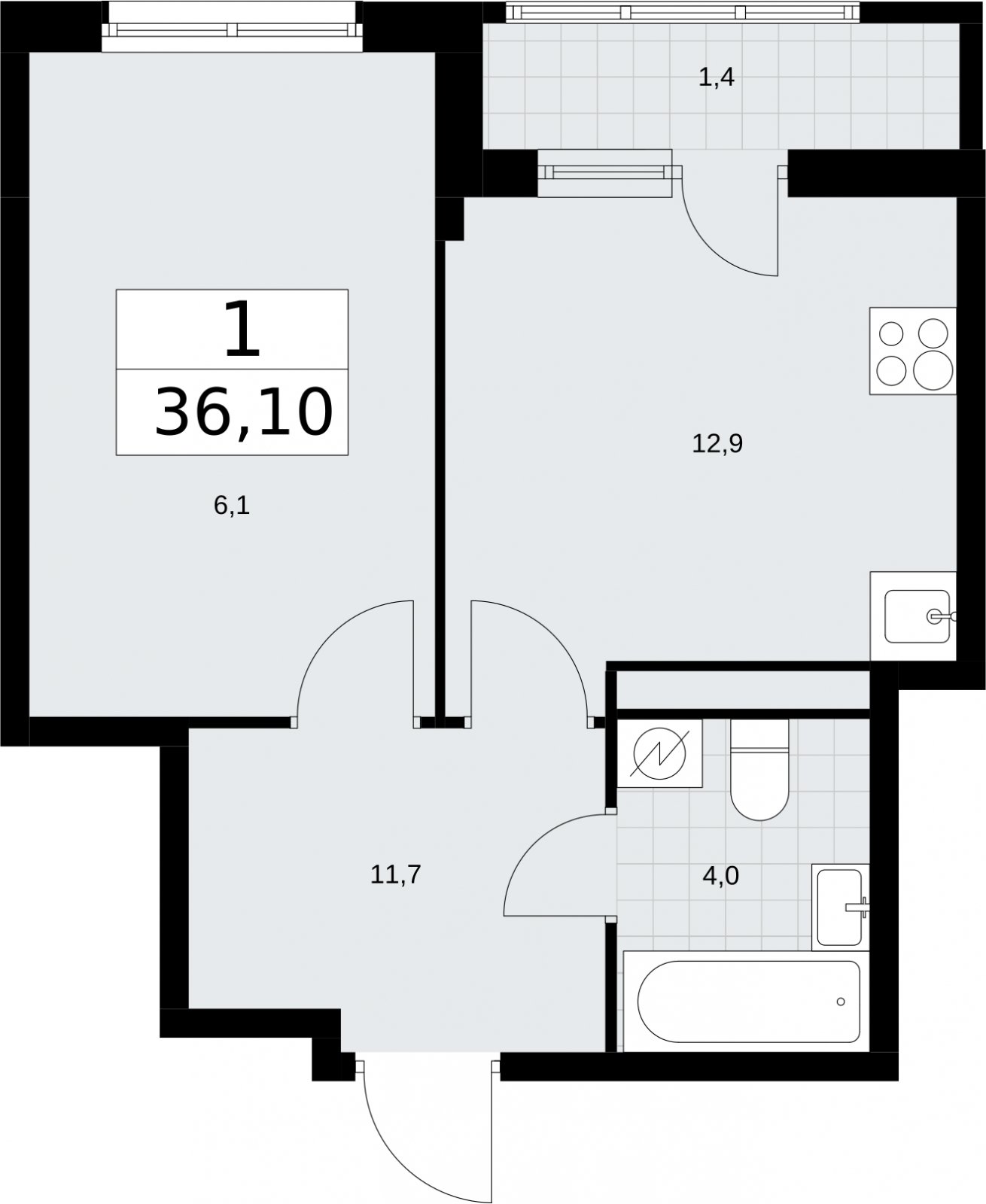 1-комнатная квартира с полной отделкой, 36.1 м2, 9 этаж, сдача 4 квартал 2026 г., ЖК Родные кварталы, корпус 1.2 - объявление 2318145 - фото №1